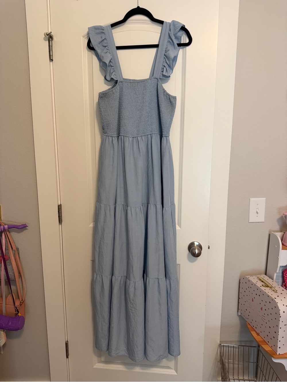She and Sky Light Blue Ruffle-Strap Tiered Maxi Dress